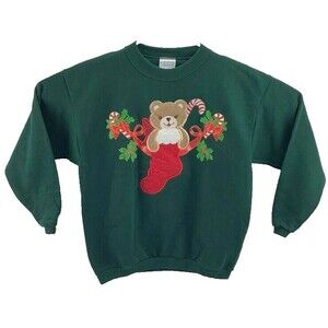 Vtg Endless Designs Christmas Teddy Bear Green Sweatshirt Youth Size L (16-18)